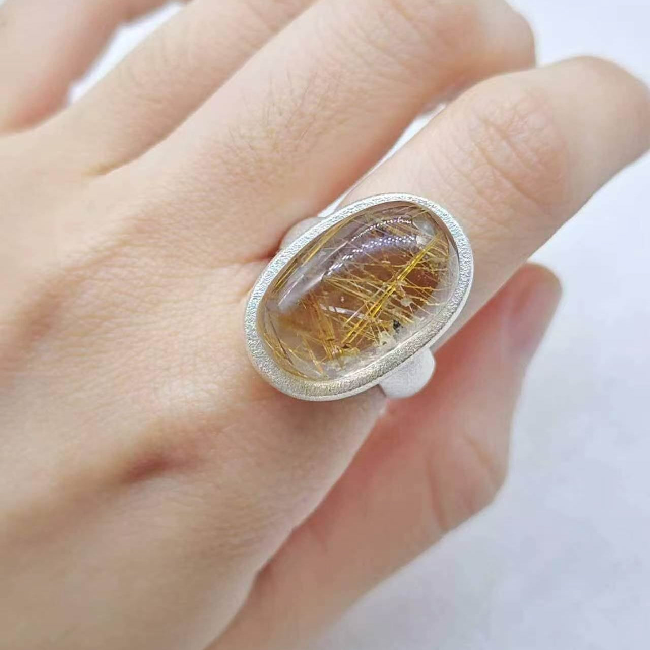 STG Oval Natural Golden Rutilated Quartz Ring (Size N)