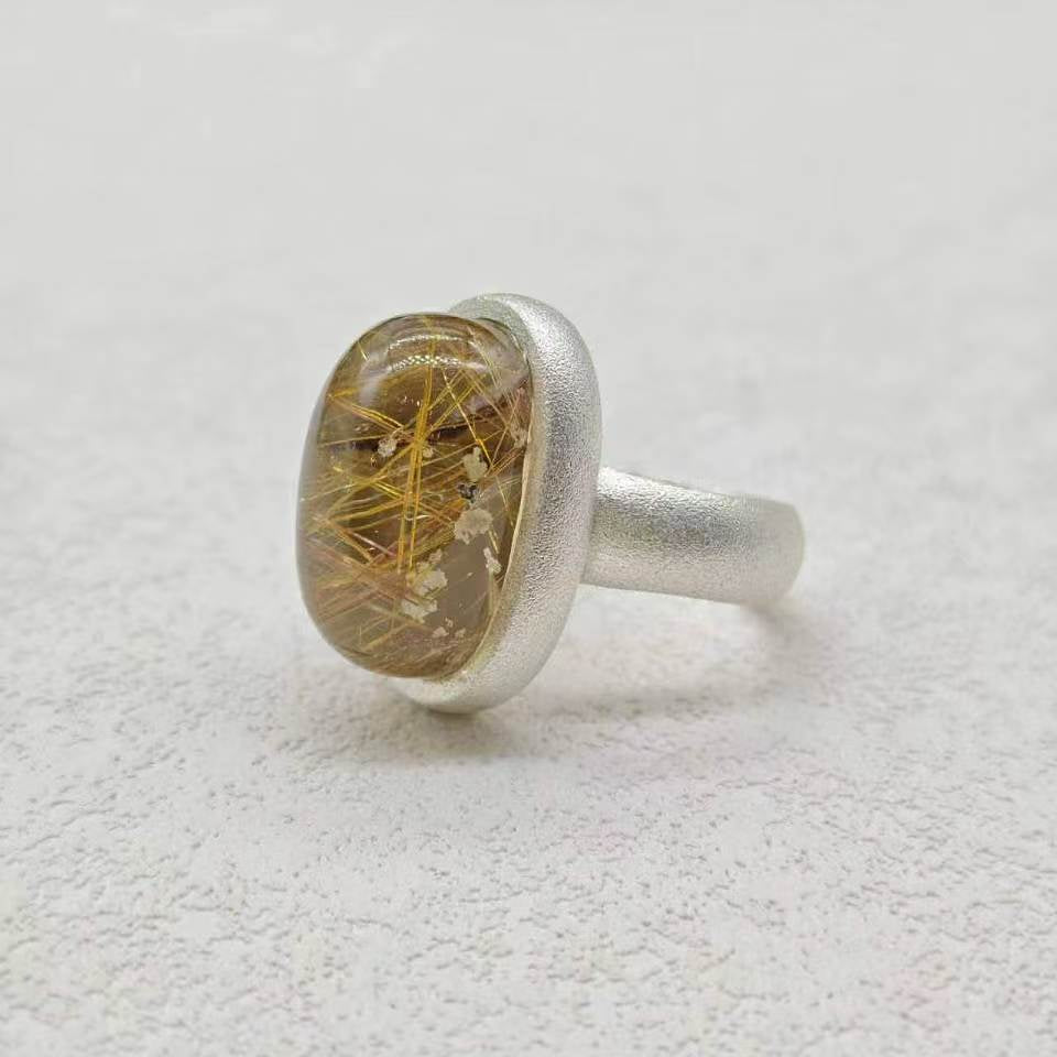 STG Oval Natural Golden Rutilated Quartz Ring (Size N)